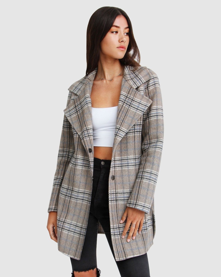 Women Belle & Bloom Wool Coats | New Fit Ex-Boyfriend Wool Blend Oversized Jacket - Oat Plaid