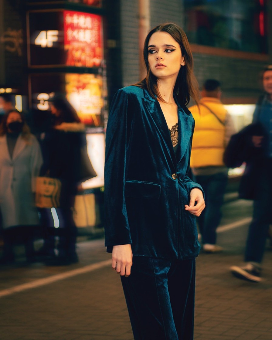 Women Belle & Bloom Suits & Blazers | Eternity Velvet Blazer - Dark Teal