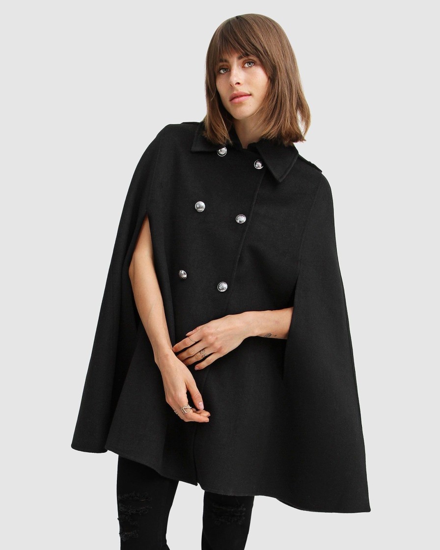 Women Belle & Bloom Wool Coats | On My Mind Wool Blend Cape - Black