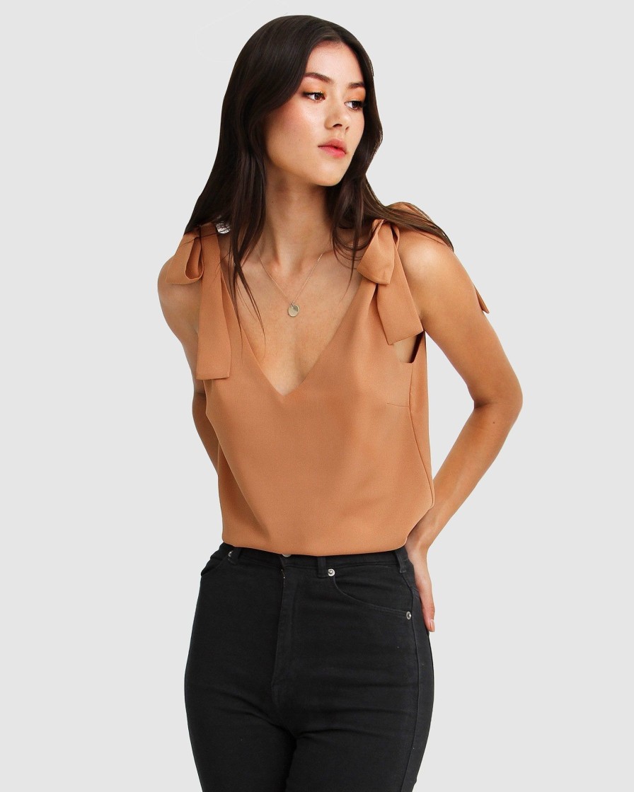 Women Belle & Bloom Shirts & Blouses | Feel For You V-Neck Top - Camel