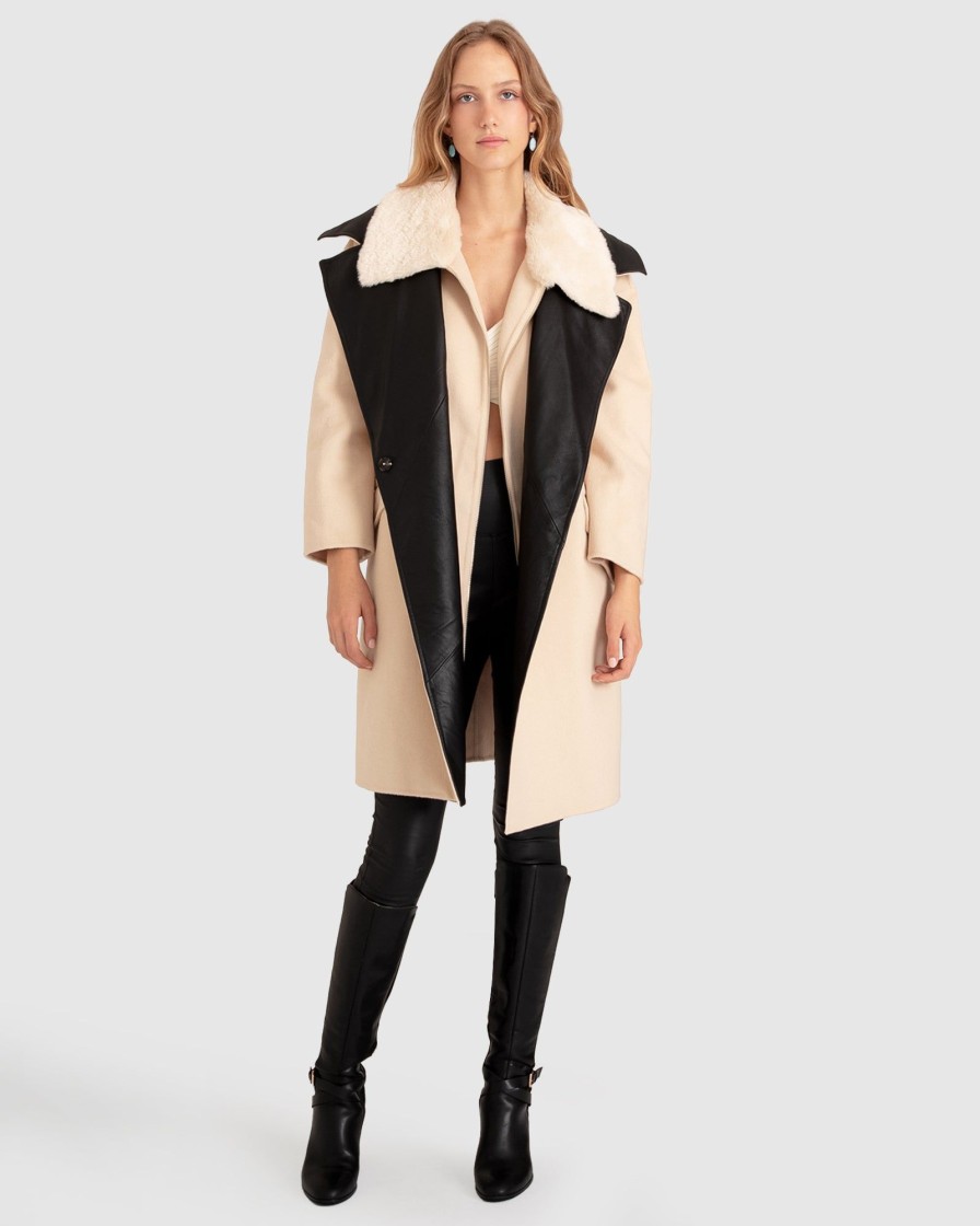 Women Belle & Bloom Wool Coats | Watch Me Go Oversized Leather Trimmed Coat - Pale Oat