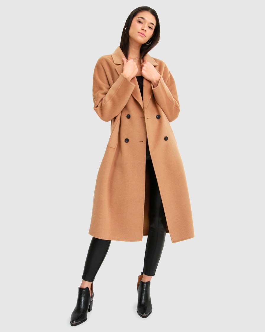 Women Belle & Bloom Belted Coats | Boss Girl Double-Breasted Lined Wool Coat - Camel