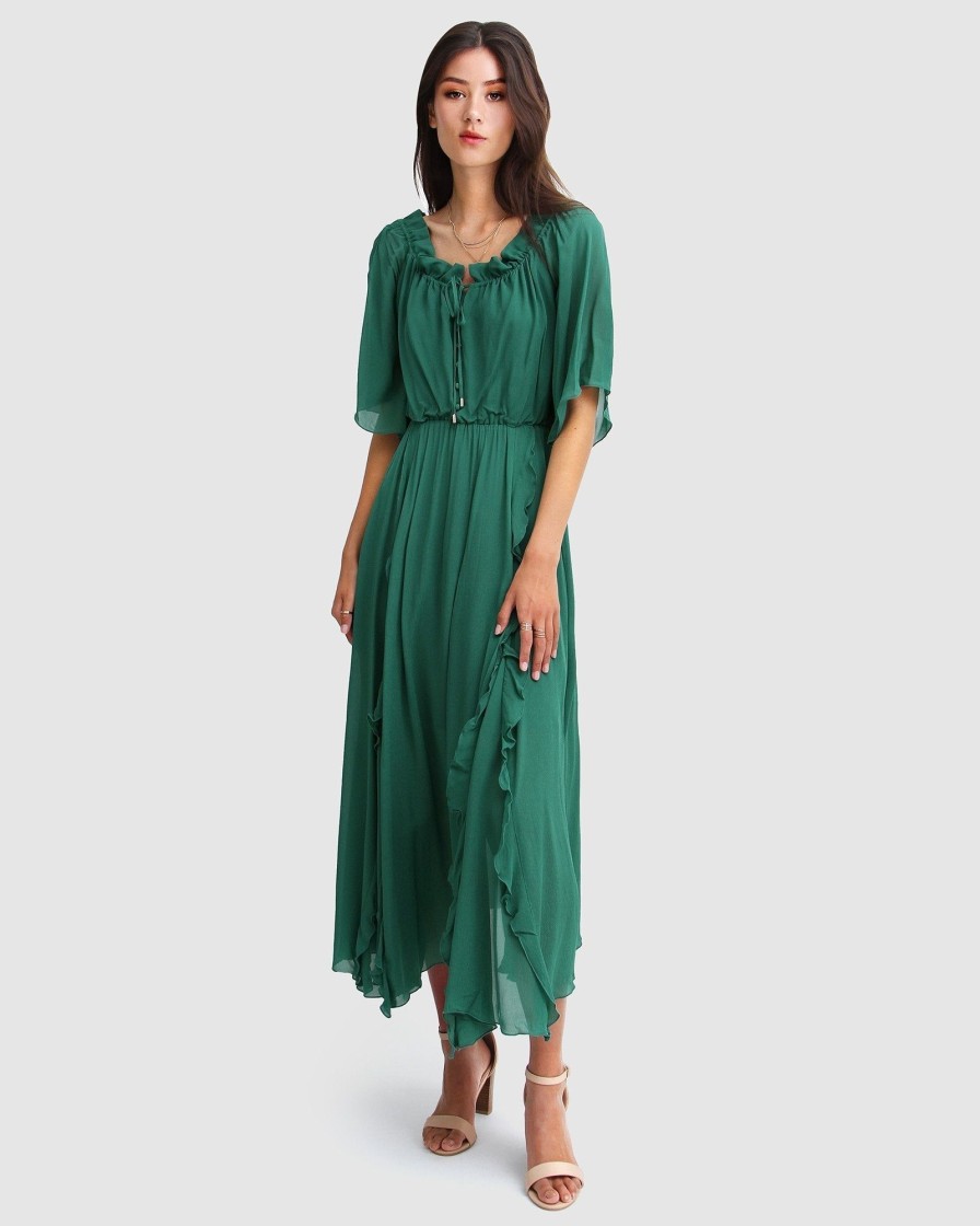 Women Belle & Bloom Maxi Dresses | Amour Amour Ruffled Midi Dress - Dark Green