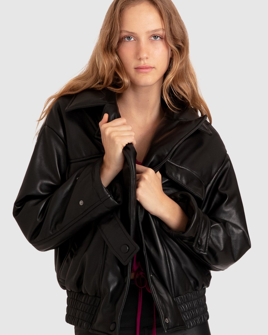 Women Belle & Bloom Leather Jackets | Love Drunk Leather Bomber - Black