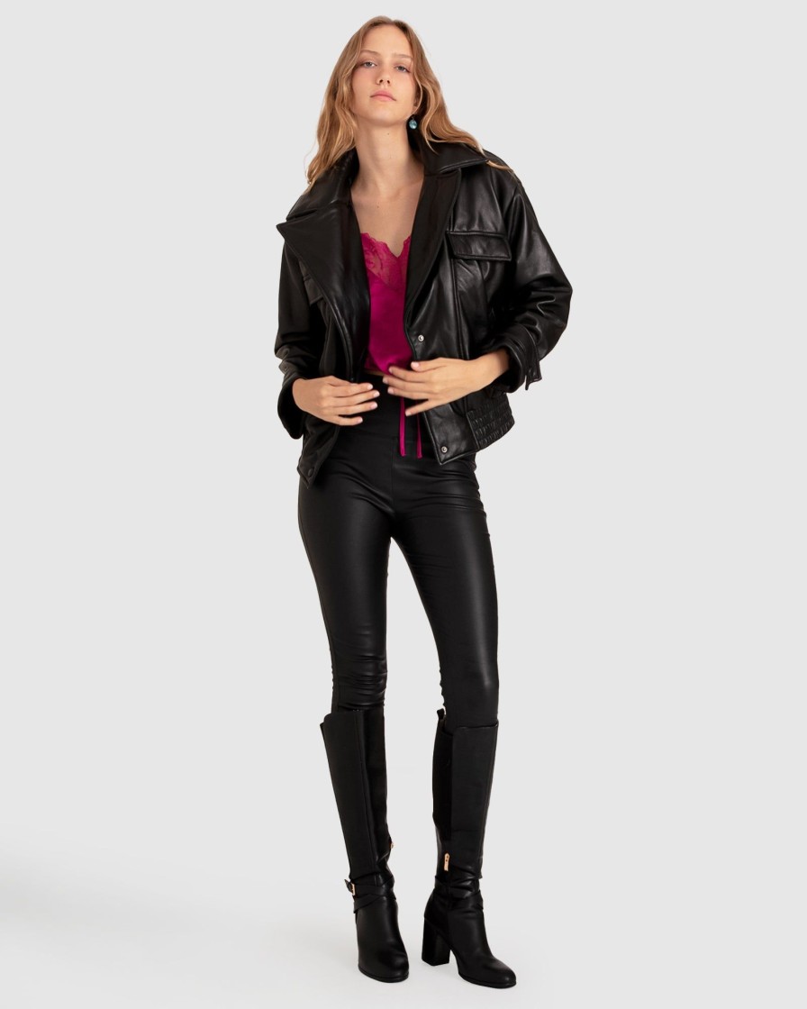 Women Belle & Bloom Leather Jackets | Love Drunk Leather Bomber - Black