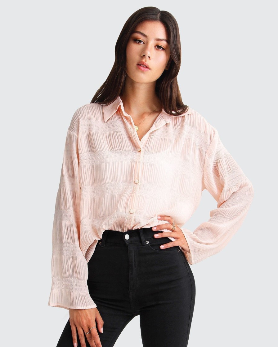 Women Belle & Bloom Shirts & Blouses | Yoko Shirred Chiffon Blouse - Blush