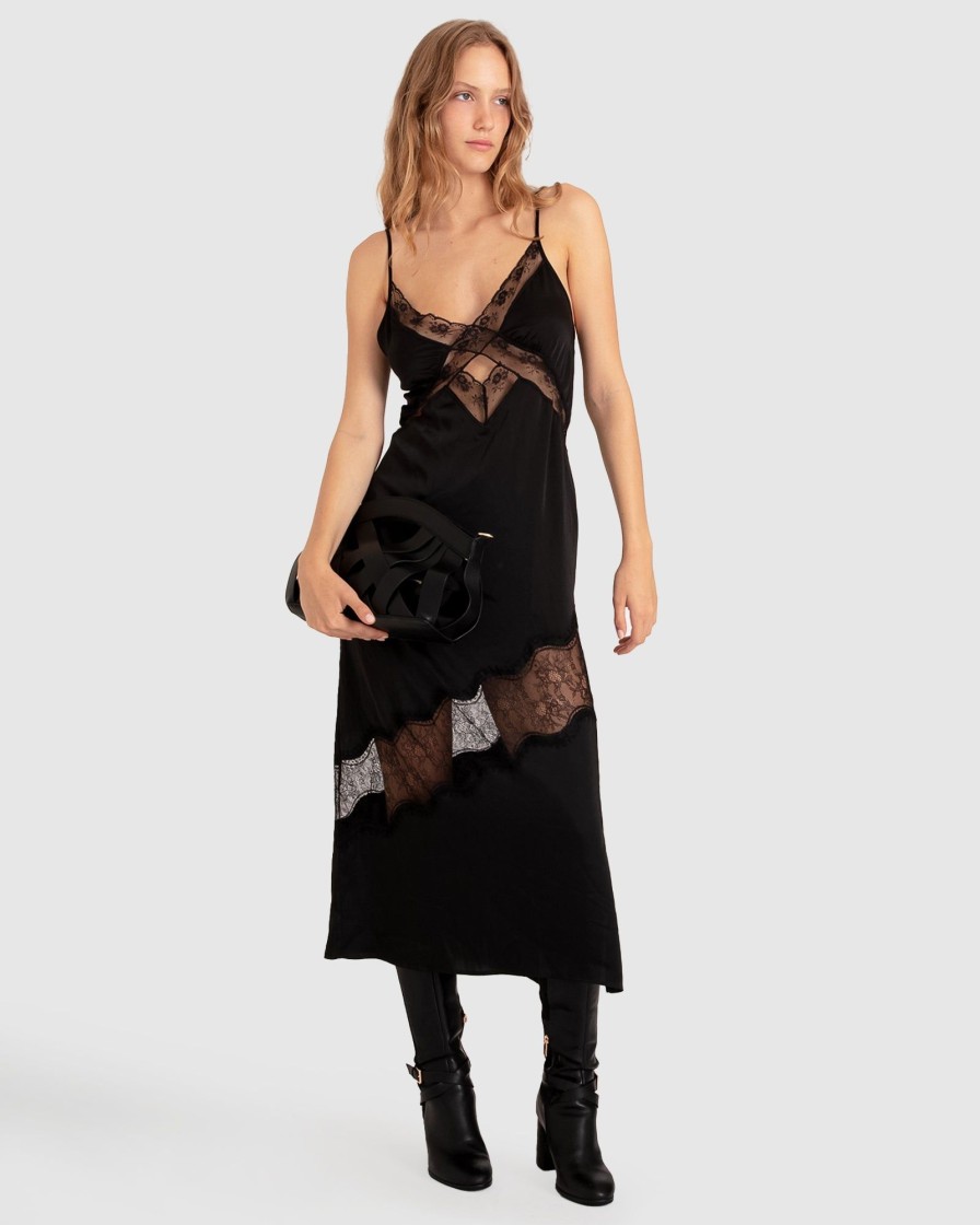 Women Belle & Bloom Midi Dresses | Heavenly Bodies Lace Slip Dress - Black