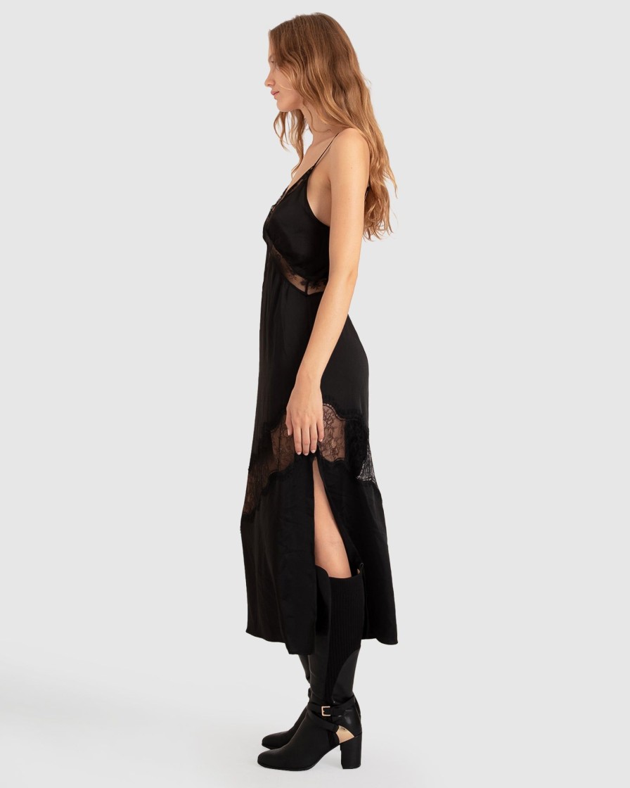 Women Belle & Bloom Midi Dresses | Heavenly Bodies Lace Slip Dress - Black