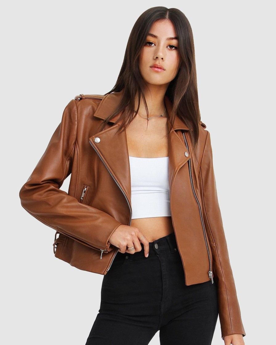 Women Belle & Bloom Leather Jackets | Just Friends Leather Jacket - Brown