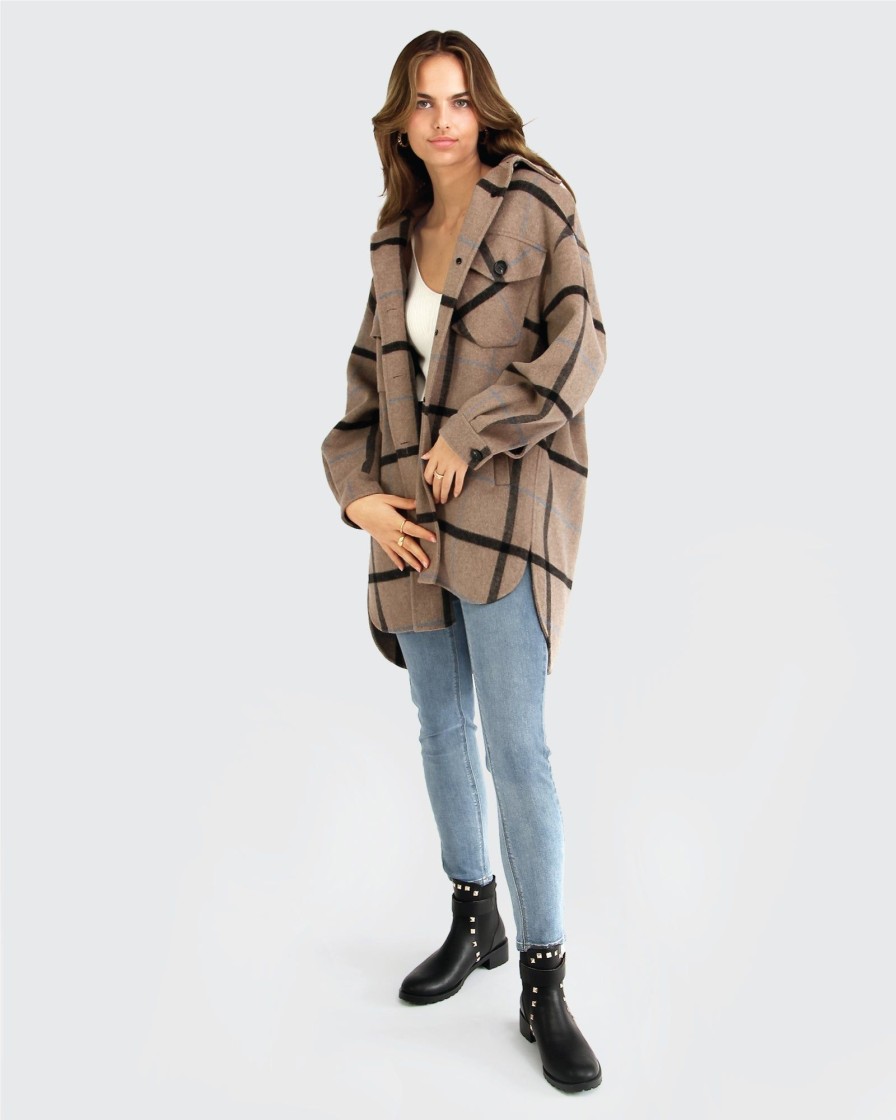 Women Belle & Bloom Wool Coats | River'S Edge Plaid Shacket - Oat Plaid