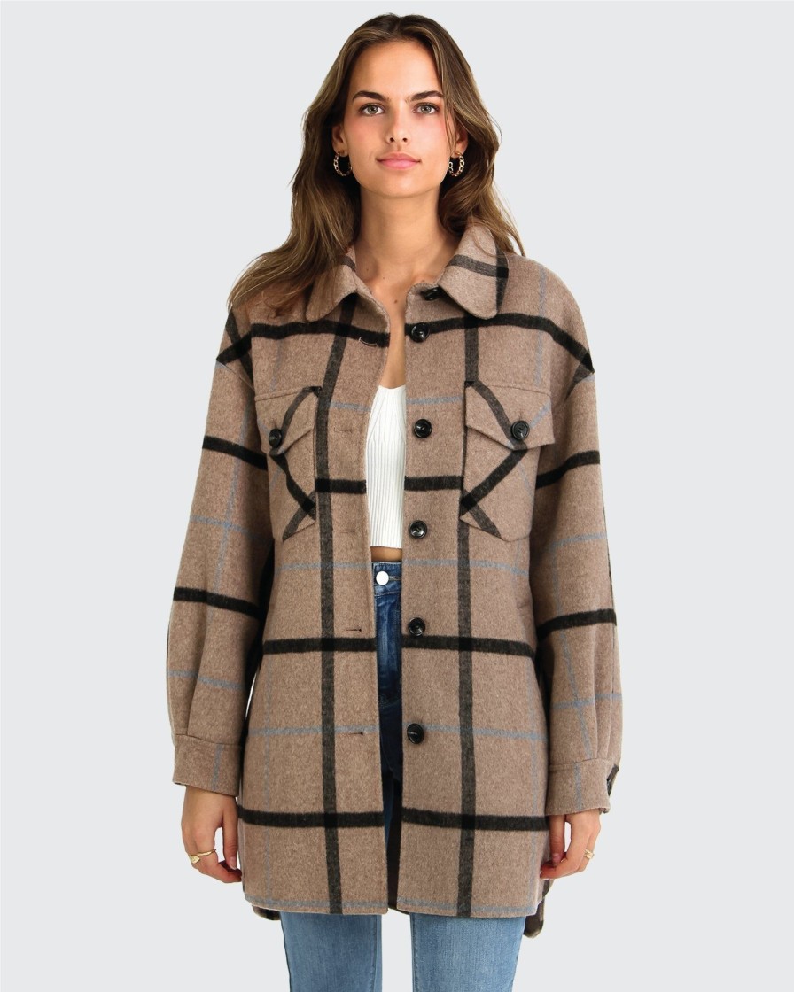 Women Belle & Bloom Wool Coats | River'S Edge Plaid Shacket - Oat Plaid