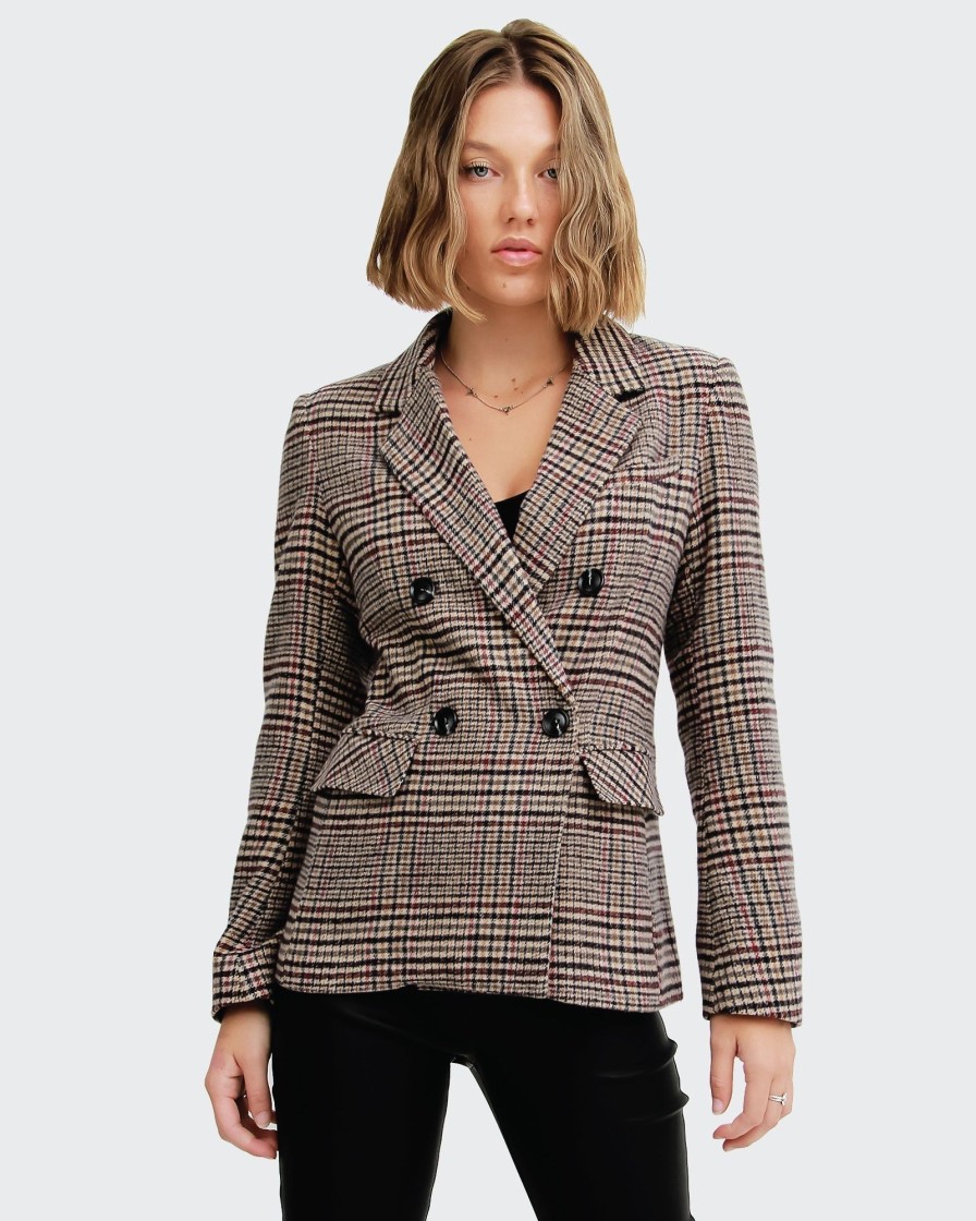 Women Belle & Bloom Suits & Blazers | Piccadilly Wool Blend Plaid Blazer - Oat